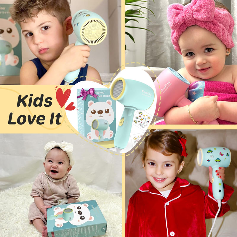 Feekaa Kids Hair Dryer, Baby Hair Dryer, 3 Safe Temperature for Children Hairdryers, Quiet kids Hairdryer, Small Lightweight Blow Dryer, 550W Hairdryer kids with Sticker Gift for Boy,Girl,Baby,Toddler Green