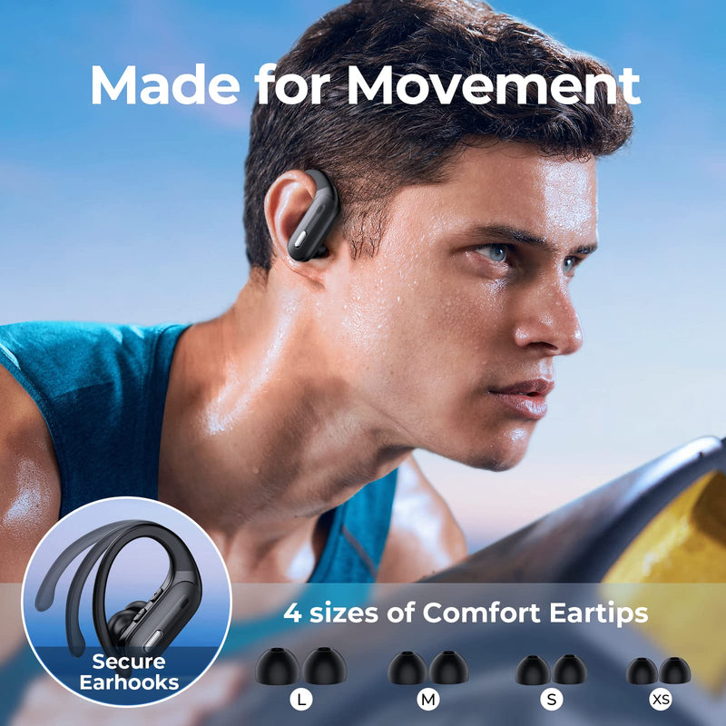 GNMN Wireless Earbuds Bluetooth Headphones 90 Hrs Playtime Ear Buds with Hi-Res Stereo Deep Bass Power Display Earphones with Earhooks Waterproof Transparency Headset Sports/Running