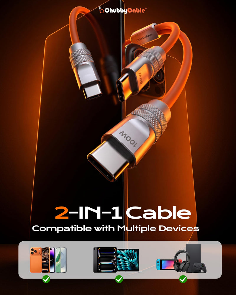 chubbycable Duo-Flex 100W & 60W 2-in-1 Fast Charging & Data Transfer Cable with Soft Silicone USB C Multi Charging Cable for iPhone 17 Series iPad Galaxy Series, Red+Orange