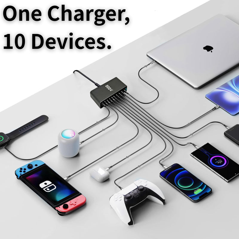 800W USB C Fast Charger Block, 10 Ports GaN III USB Chagring Station, Dual 140W PD PPS HUB for Multiple Devices, Laptop Adapter Compatible with MacBook Pro/Air iPad iPhone Pro Max, Galaxy, Dell, HP 800W