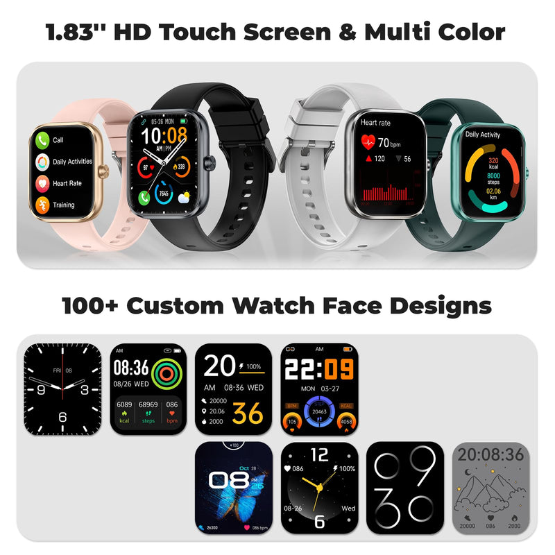 Smart Watch for Men Women, Bluetooth Call&Message Notifications, 1.83" HD | Fitness Watch for iPhone & Android, 110+ Sport Modes, Heart Rate&Sleep Monitor, IP68 Waterproof Fitness Tracker, Pedometer Black
