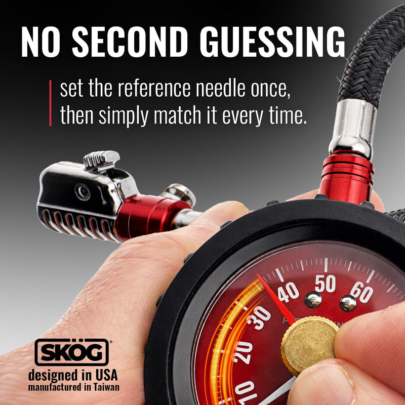 SKÖG Dual-Needle Tire Pressure Gauge 100 PSI | Leak-Free RatchetSeal Patented Quick-Connect | Cars, Trucks, Motorcycles, Bicycles | Battery Free Locking Chuck Tire Gauge 1 Pack