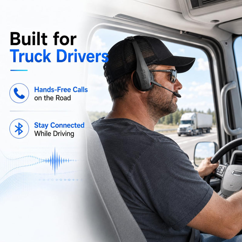 Bytewaveshop Trucker Bluetooth Headset with Mic, 55H Talk Time Wireless Headset, 99% Noise Cancelling Headphones with 270° Adjustable Mic, Bluetooth 6.0, Dual Device for Truck Drivers, Calls, Driving