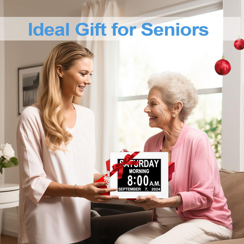 【New 2026】 Digital Calendar Alarm Day Clock - with 8" Large Screen Display, am pm, Multiple Alarms, for Impaired Vision People, The Aged Seniors, The Dementia, for Desk, Wall Mounted, White 8''