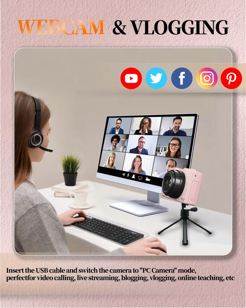 4K Digital Camera for Beginners & Teens, Compact Vlogging Camera with 180° Flip Screen, Autofocus, Easy-to-Use for Travel & YouTube, 18X Zoom, WiFi, 2 Batteries, 32GB Card Deep Pink