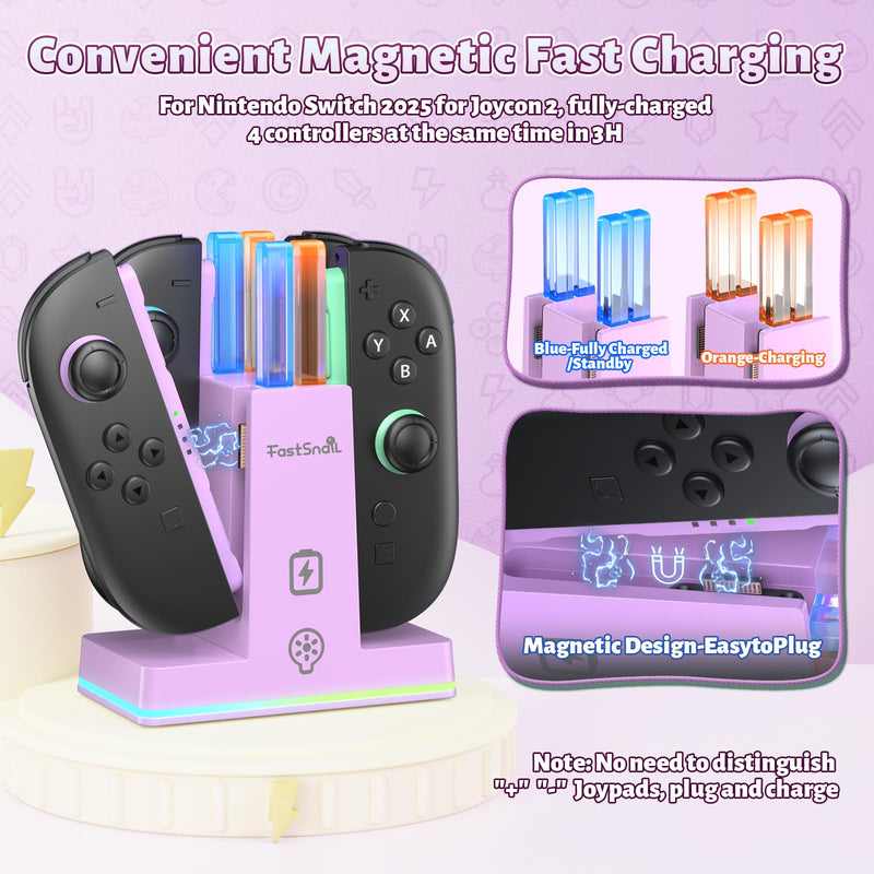 FASTSNAIL Switch 2 Controller Charger Dock for Nintendo Switch 2 for JoyCon | 4-in-1 Fast Switch 2 Joypad Charging Dock Station, 9 RGB Light, Dual-Direction Magnetic Stand for Joycon 2 Accessorie, Purple 7.9 inch Light Purple