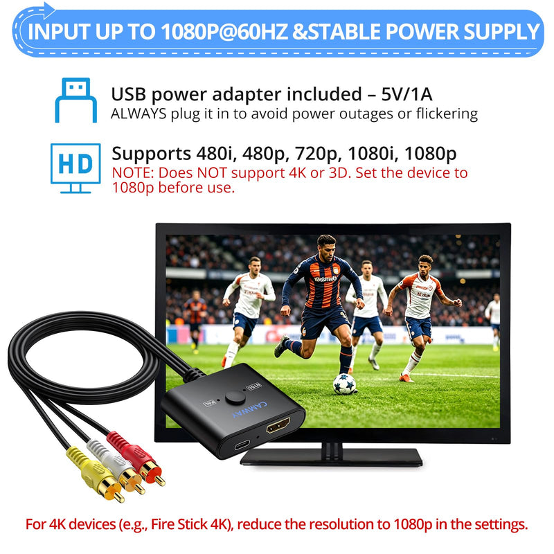 CAMWAY HDMI to RCA Converter for Fire Stick,Roku,Chromecast,Old TV with RCA | NTSC/PAL 1080P HDMI to AV Integrated Cable,Plug & Play Adapter, Watch Net-flix,You-Tube Videos on Older TVs/Monitor/Projector