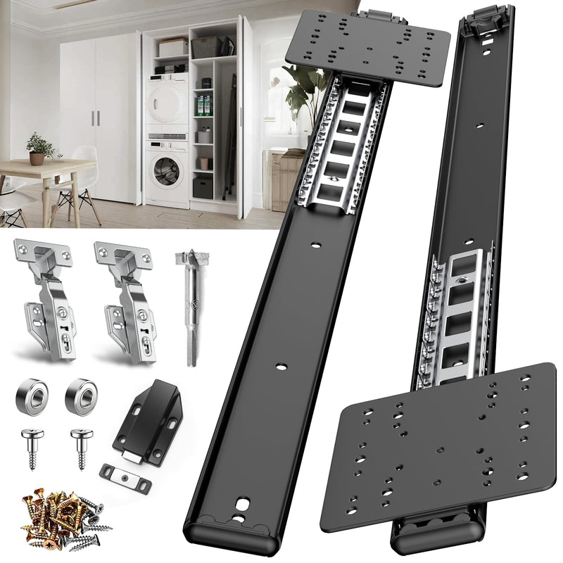 14in Pocket Door Hardware Slide 1 Set,Cabinet Hidden Sliding Pocket & Pivot Door Rail with Hinge for Heavy Duty Furniture,Soft Close Retractable Hardware Kit for Kitchen & Recessed Wardrobe 14 Inch 1.0