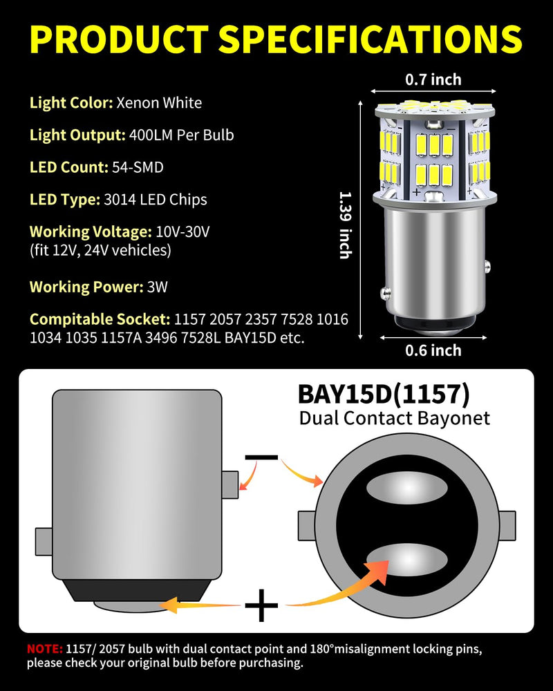 AUXLIGHT 1157 LED Bulbs 54-SMD 300% Super Bright 2057 2357 7528 1016 1034 LED Light Replacement for Car Truck Backup Reverse Brake Tail Turn Signal Lights, Xenon White(Pack of 6) 1157/ 2057/ 2357