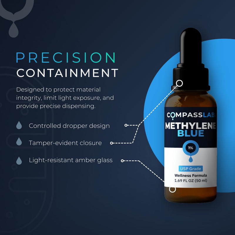Compass Laboratory Methylene Blue 1% Solution | USP-Grade Research Formula | Premium Purity, Practitioner-Directed Use | 50 mL Amber Glass Dropper Bottle | Made in USA