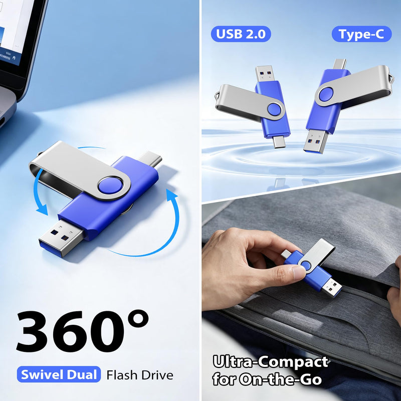 2-Pack 32GB USB-C & USB 2.0 Flash Drive for Storage, Blue 32GB-2pcs
