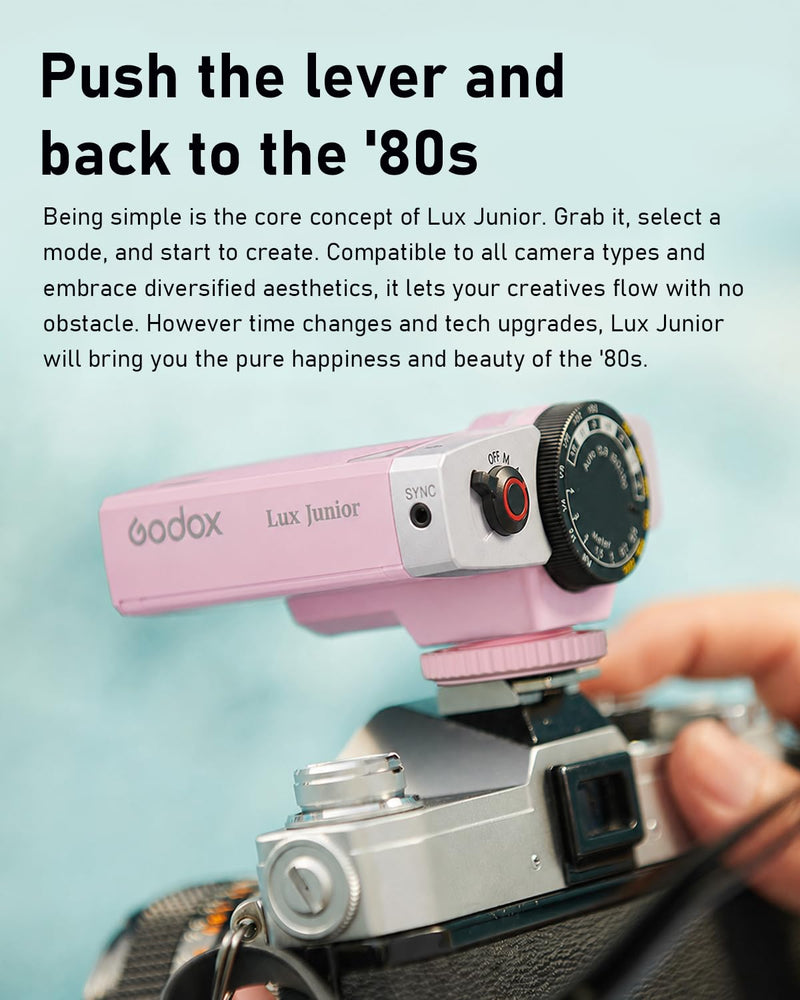 Godox Lux Junior Retro Camera Flash with PC sync Ports (Pink, 4.6oz) | GN12, 1/1-1/64 Flash Power, Auto&Manual Modes, 6000±200K, 28mm Focal Length with Sync Cable for Canon Nikon Sony Fuji Olympus Pink