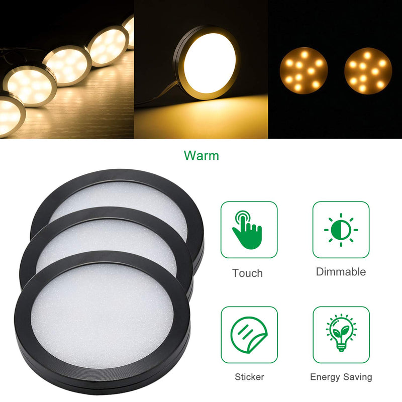 AIBOO Under Cabinet LED Black Cover Puck Lighting Kit with Touch Dimmer Switch for Kitchen Cupboard Closet Lighting (6 Lights,Warm White) 2700K Warm White