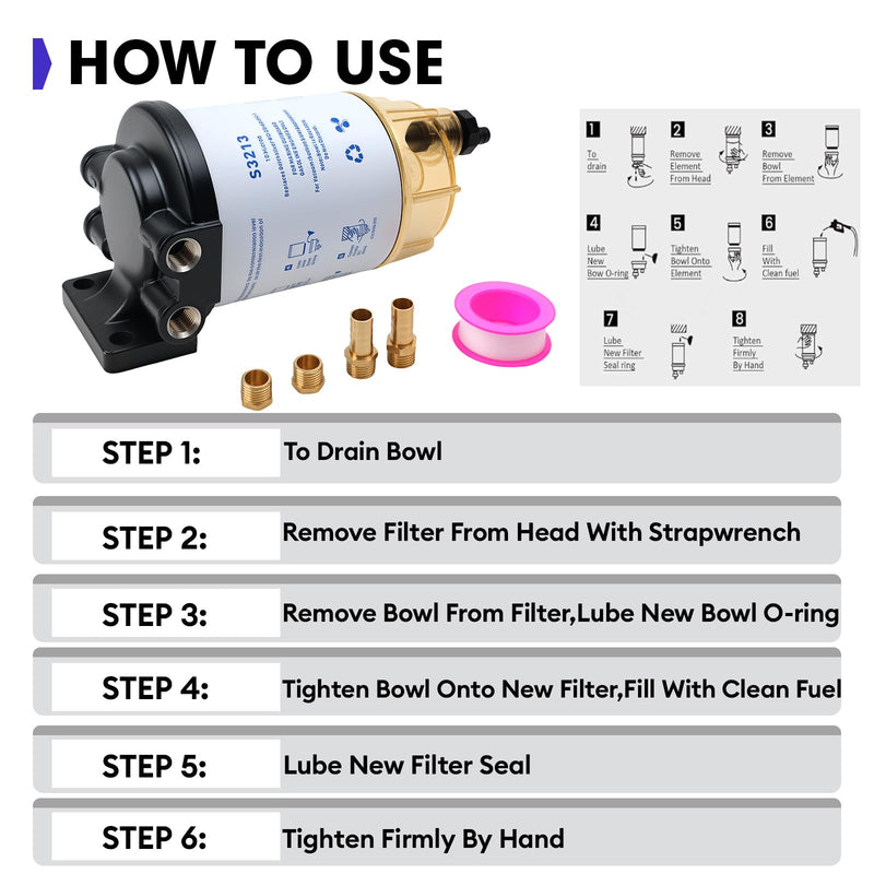 S3213 Fuel Water Separator Marine Kit Compatible with Yamaha and for Mercury Marine Outboard Motor with 3/8" Barb x 1/4" NPT Brass Fittings Replaces B32013, 35-60494-1, 18-7932-1, 18-17928, 35-809097