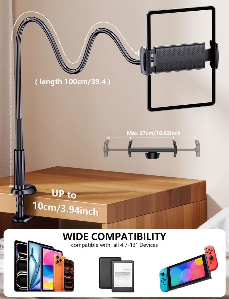 Gooseneck Flexible Arm Tablet Stand, Fit Kindle Holder for Bed | [Reinforced Anti-Break Base] [Fully Adjustable] iPad Kindle Mount Compatible with Switch, Galaxy Tab & 4.7-13" Device Dark Black