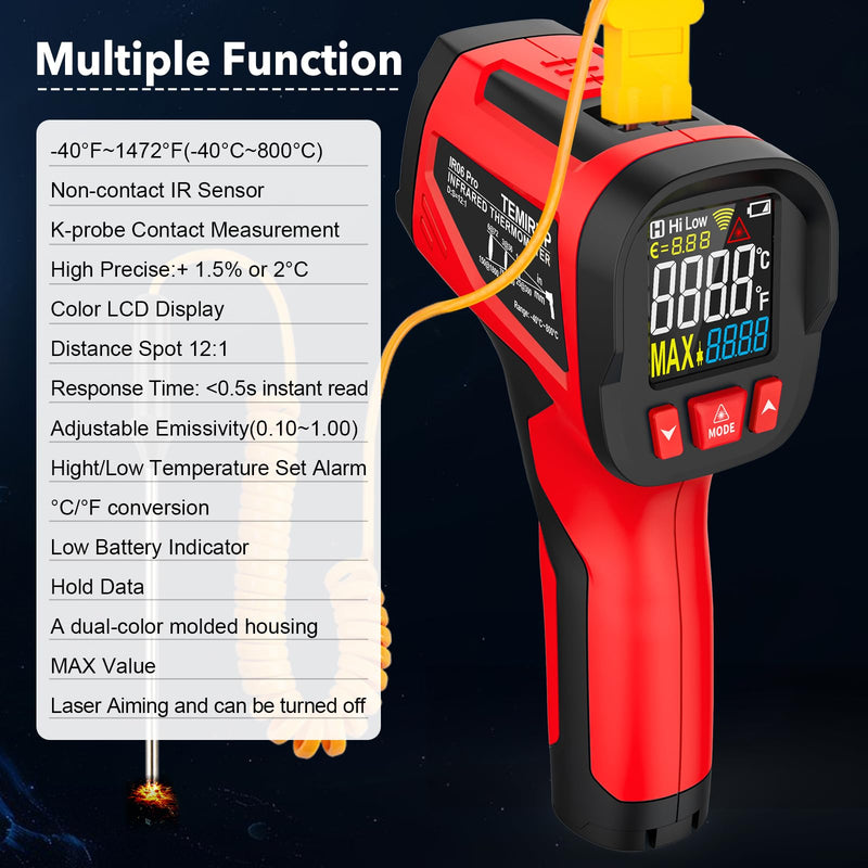 Infrared Thermometer Gun, Digital Laser Temperature Gun with Probe, -40°F~1472°F Non-Contact IR Thermometer with Adjustable Emissivity for Cooking, Pizza Oven, Griddle, Grill & Meat Red IR06 PRO -40℉~1472℉(-40℃~800℃)