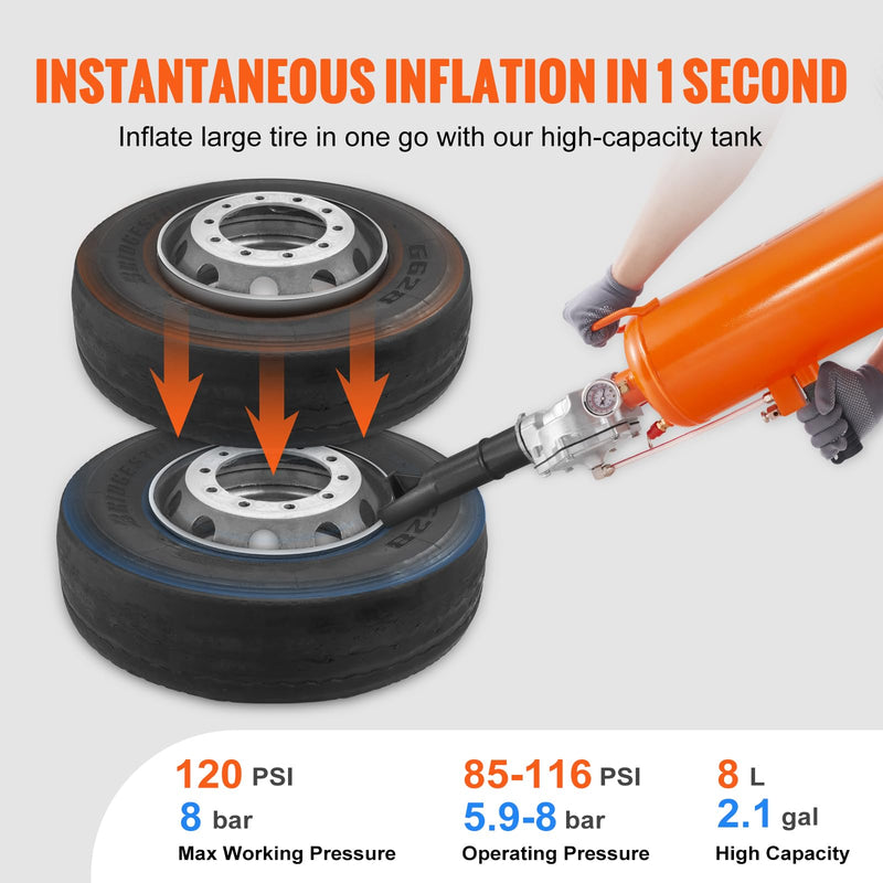 VEVOR Tire Seater, 2.1 Gal/8 L Air Tire Blaster, 120 PSI Handheld, Portable Tire Inflator Tool, 85-116 PSI Operating Pressure for Tractor Truck ATV Car and Automobile Repair 2.1 Gal/8L