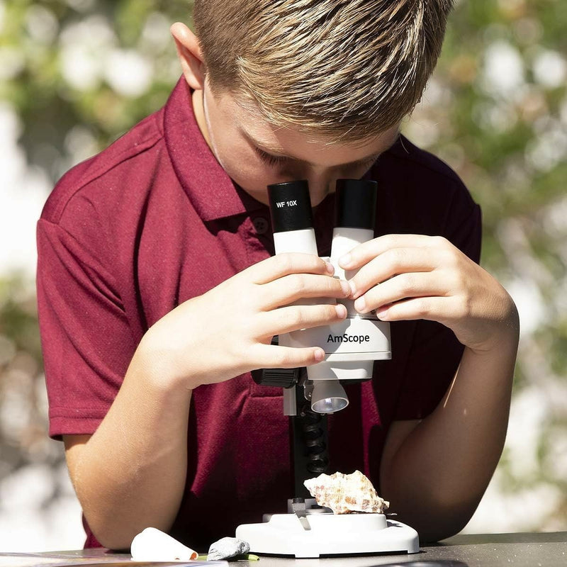 AmScope Kids SE100-LED Portable Binocular Stereo Microscope, WF10x Eyepieces, 20X Magnification, LED Light Source, Battery-Powered