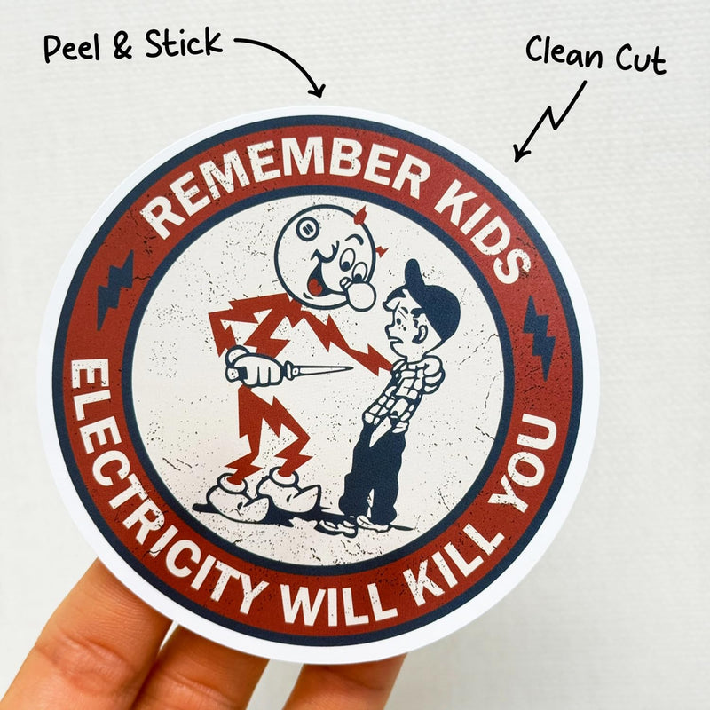 GRITKULTURE Remember Kids Electricity Will Kill You Decal Stickers 10 Pack 2.95 Inch Safety Warning for Hard Hat, Blue Collar, Car, Truck, Window, Reddy Kilowatt, Outlets