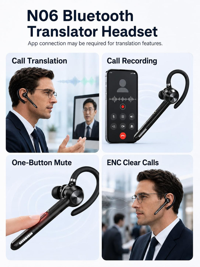 N06 Bluetooth Headset with Real-Time Call Translation & Mute Button | Call Recording, Noise Cancelling Mic, 40H Playtime Wireless Earpiece Hands-Free Headphone for Business Office Trucker Driving