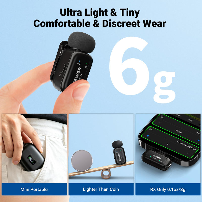 NEEWER KM19 Mini Lav Mic Compatible with iPhone 17 16 15, Black | Noise Canceling Wireless Lapel Microphone with App Control, 30h Battery, 100m Range, Compatible with iPhone Android PC
