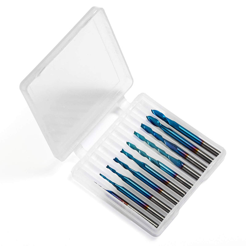Genmitsu 10pcs 2-Flute Nano Blue Coat Flat Nose Spiral End Mill, 1/8'' Shank, 1.0mm-3.175mm Cutting Diameter, CNC Router Bits for Wood Working Acrylic MDF PVC ABS, FN10A