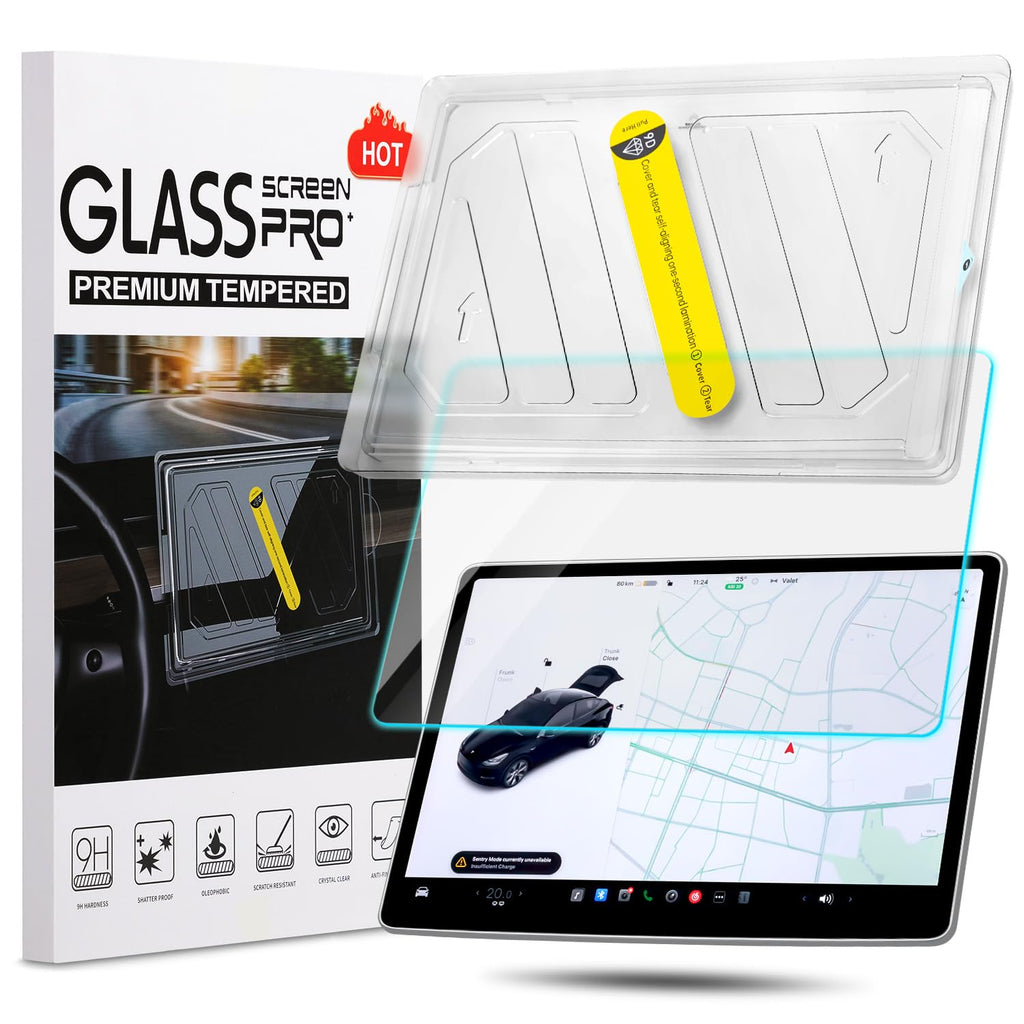 Tesla Model Y / 3 Accessories Screen Protector 2024, 9H Tempered Glass Car Screen Protector for Model Y (2024-2020) Model 3 (2023-2017), HD [ Anti Glare & Fingerprint ]- Mounting Frame Kit