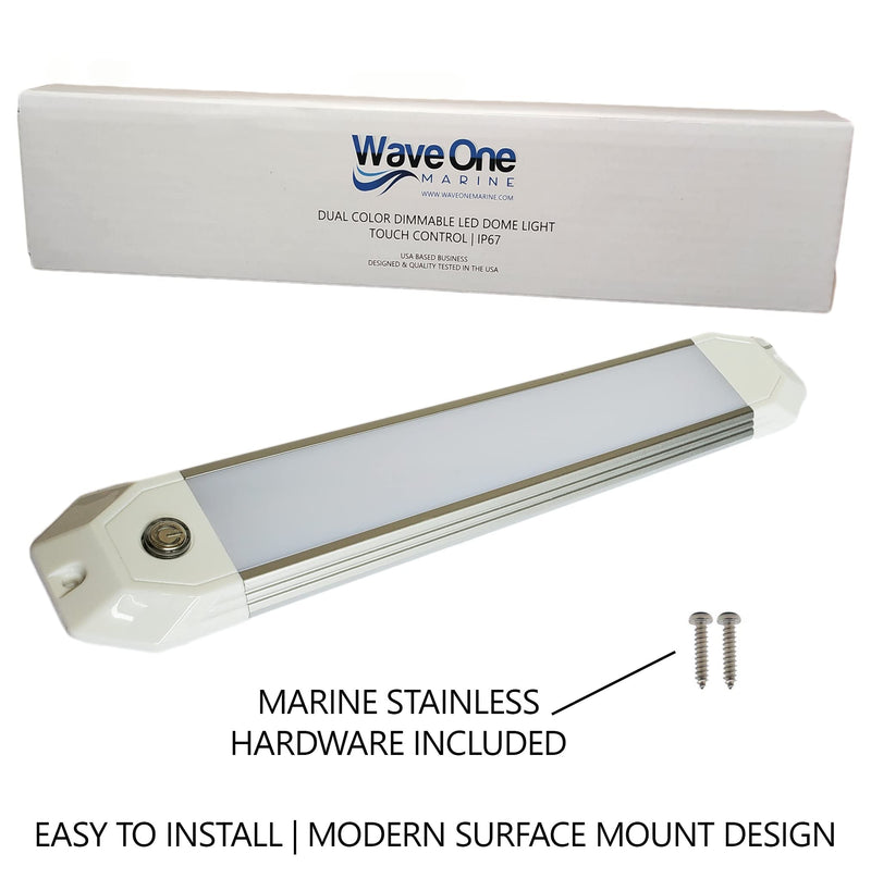 Wave One Marine 12" Dual Color Dimmable Dome Boat Light | 12V Volt RV Aluminum Housing Touch Dimmer Switch | IP67 Waterproof Interior Exterior (White | Red) White | Red