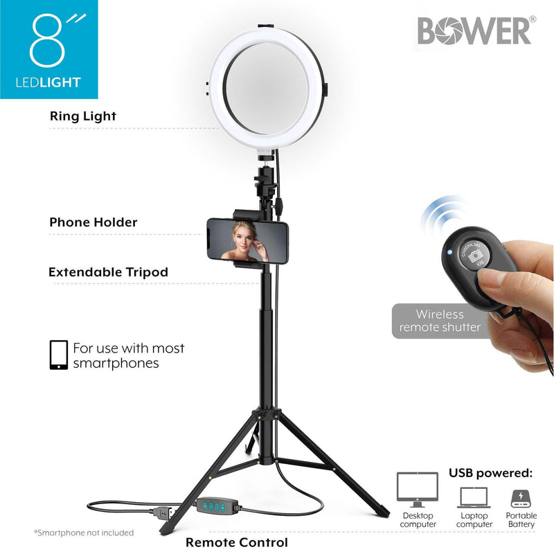Bower 8" Selfie Ring Light Studio with Adjustable Tripod and Phone Holder – Professional Photo and Video Lighting Kit for Vlogging, Streaming, and Social Media Content Creation 8 Inch