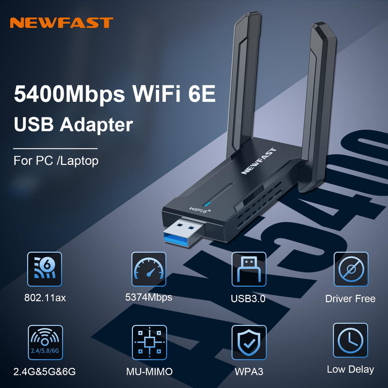 NEWFAST AX5400 USB WiFi 6 Adapter for Desktop PC Tri-Band USB 3.0 WiFi U353 | 6GHz Wireless Network Adapter for Desktop PC,2×High Gain Antenna,Support WPA3,MU-MIMO,OFDMA,WiFi 6E Dongle for Windows 11/10 black