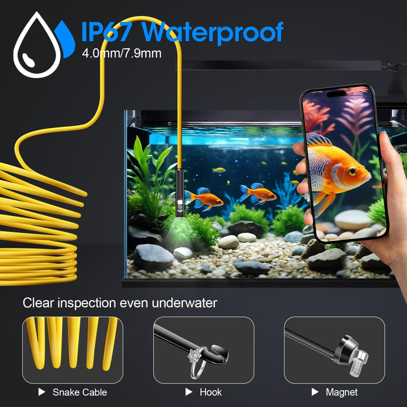 Endoscope with Light, 1920P HD Borescope with 8 Adjustable LED Lights, 32.8FT Semi-Rigid Snake Camera, IP67 Waterproof Inspection Tool for iPhone & Android - Dual Lens