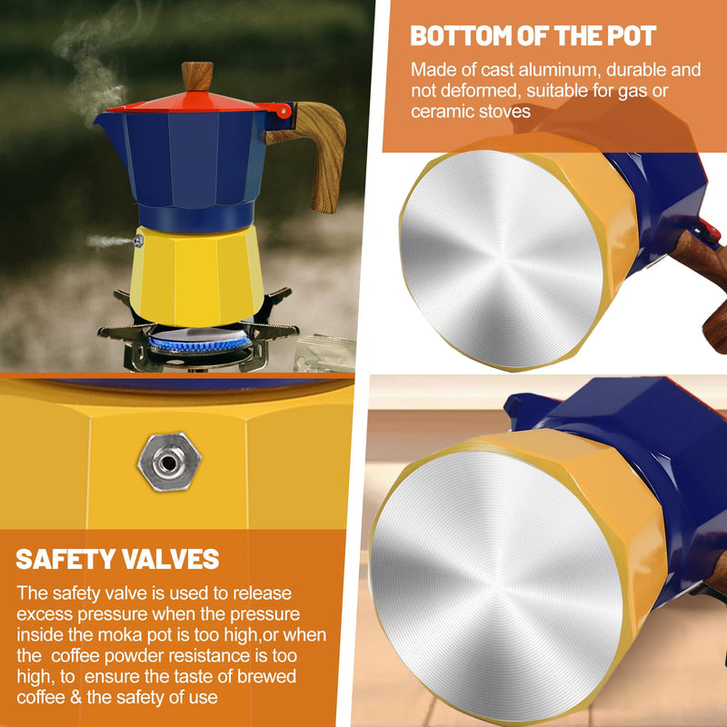 3 Cup Aluminum Espresso Stovetop Moka Pot Express Coffee Maker Percolator Italian Classic Mocha Coffee Machine for Italian and Cuban Cafe Brewing for Home & Camping 150ml 5oz Blue/Yellow 3 Cup