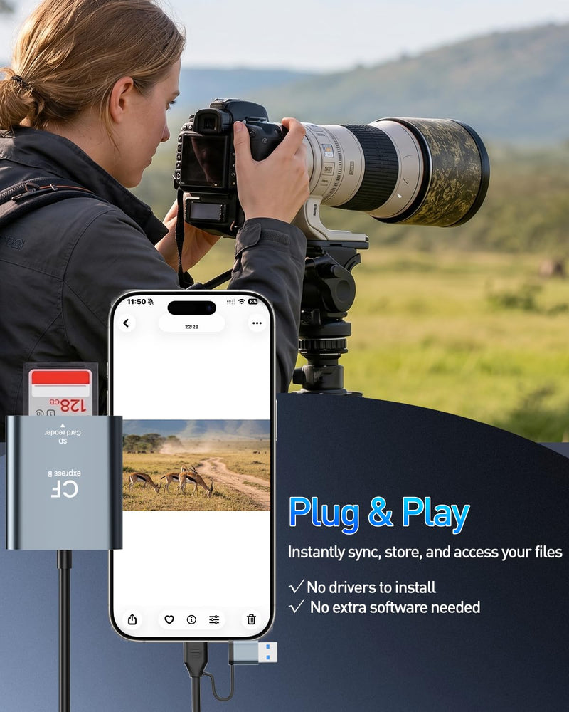 CFexpress Type B & SD Card Reader, USB 3.2 10Gbps Dual Slot, 2-in-1 USB-C/USB-A CFexpress Type B Adapter for Windows/Mac/Linux/Android, Ideal for Photographers & Videographers Gray