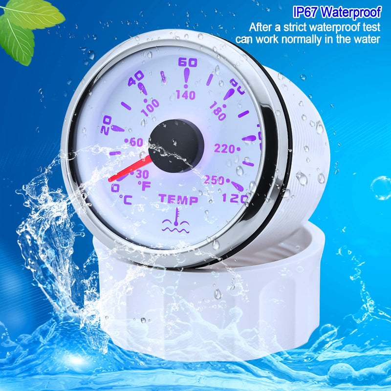 ARTILAURA 7 Color Water Temp Gauge 2-1/16" 52mm Water Temperature Gauge 30-250℉ / 40-120℃ for Car Auto Boat Marine White Water Temp F