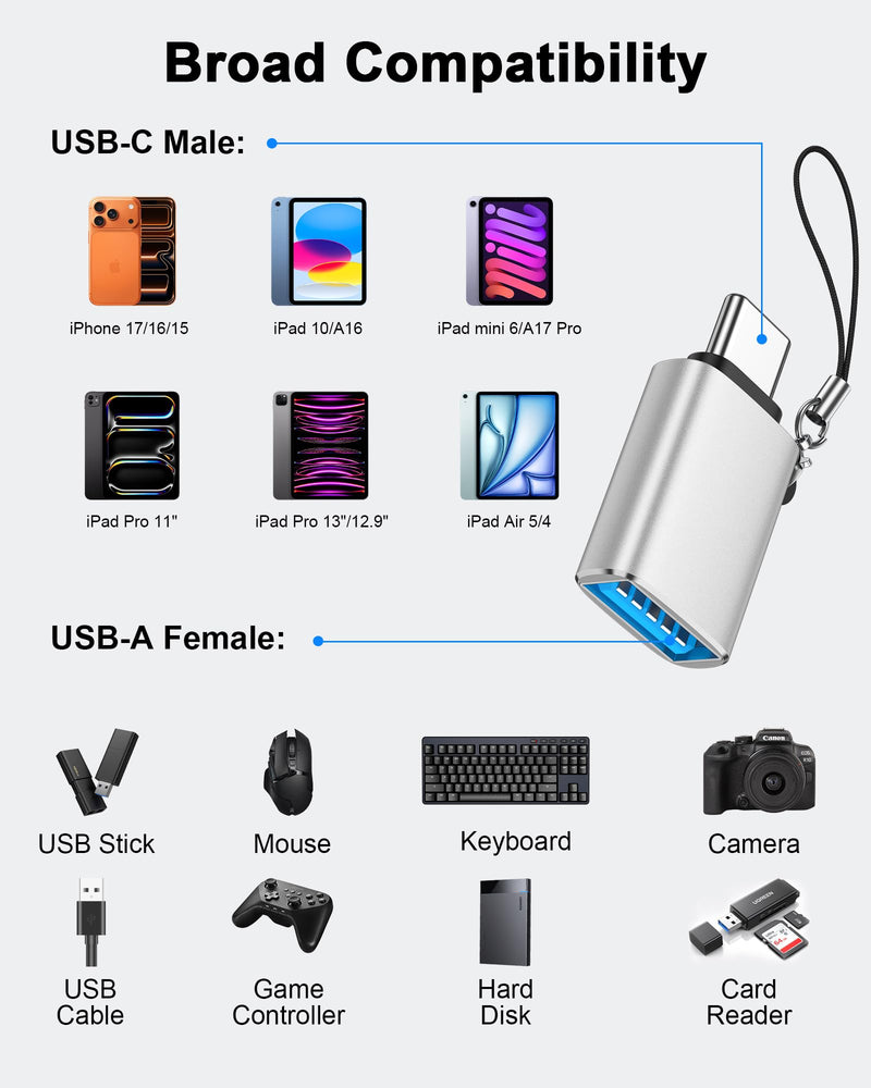 USB-C to USB-A Adapter, 5Gbps USB C Male to USB 3.0 Female OTG Converter | High-Speed Data Transfer & Fast Charging, USB Type-C Connector for iPhone 17 16 15, Samsung Galaxy S26 S25, iPad, MacBook Pro