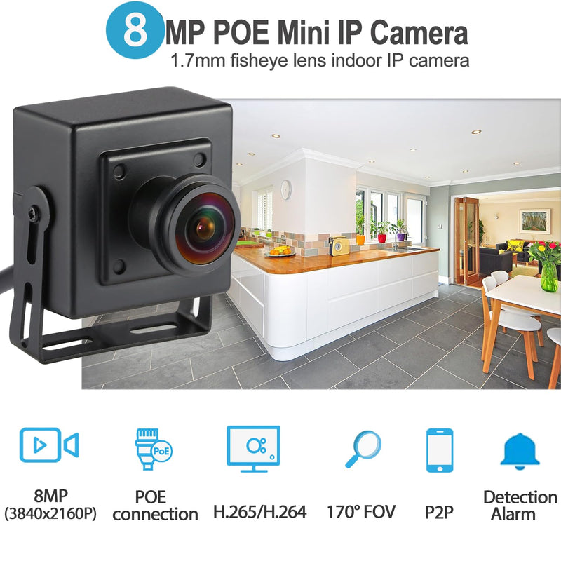 Ultra HD 8MP Mini POE IP Camera,4K Small Indoor Security Camera Fisheye 1.7mm Lens 180° Viewing Angle P2P Remote View CCTV POE Fisheye Cam,H.265 Motion Detection (I706-3-P-HS82) 1.7mm lens black I706-3-P-HS82
