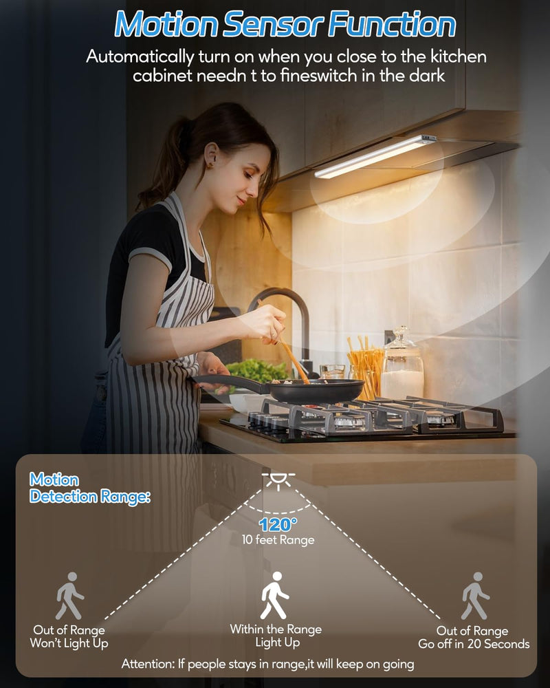 HIBOITEC 60 LED Under Cabinet Lighting 2 Packs, Stepless Dimming Motion Sensor Light Indoor, 3 Color Tempera Wireless Closet Lights, 2500mAh Rechargeable Battery Operated Light for Kitchen, Hallway 2 Pack 12.6inch-60LED