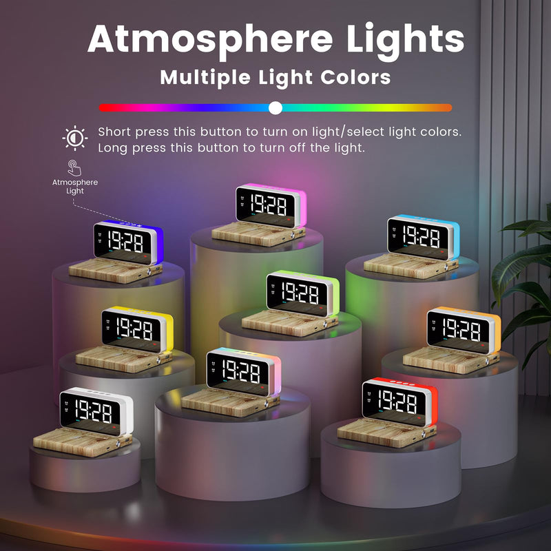 Bedroom Alarm Clock for Heavy Sleepers - 5 in 1 Magnetic 10W Wireless Charger with White Noise Bluetooth Speaker RGB Light Dual Alarm (Woodgrain)
