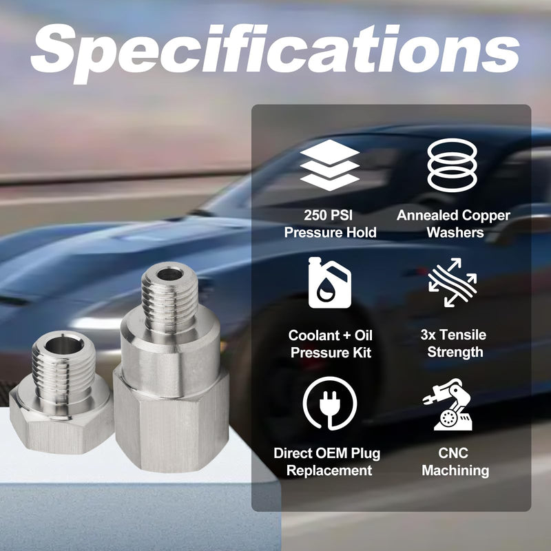 Stainless Steel Coolant Temperature Sensor Adapter M16 1.5 to 1/8 NPT,LS Swap Oil Pressure Sensor Adapter M12 1.5 to 3/8 NPT for All GM LS Engines LS1 LSX LS3 5.3L 6.0L 6.2L