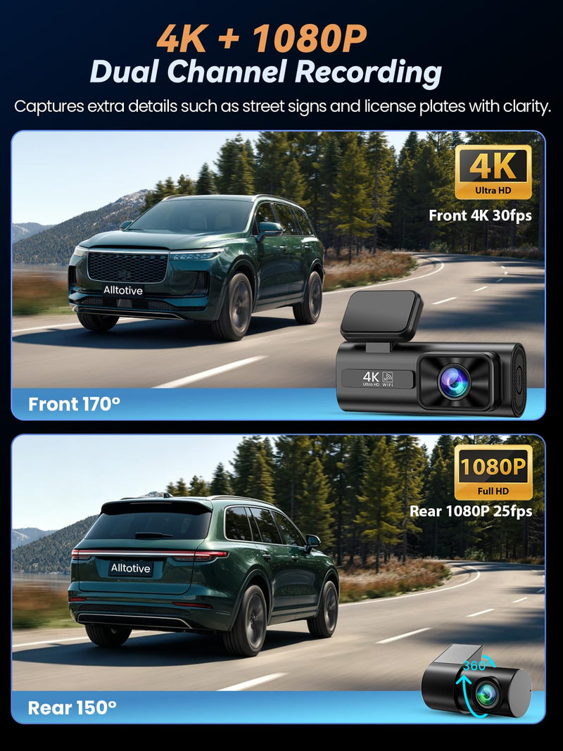 Dash Cam Front and Rear 4K+1080P, Dual Dashcam with 64GB Card | 5GHz WiFi, App Control, 1.47" IPS Screen, 24H Parking Mode, Night Vision, 170° Wide Angle, G-Sensor, WDR, Car Camera