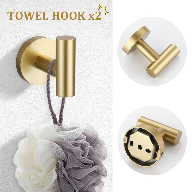 TURS Brushed Gold 5 Piece Bathroom Hardware Set, SUS304 Stainless Steel 24 Inch Bath Towel Bar Set, Round Bathroom Accessories Kit Wall Mounted Set D Brusehd Dark Gold