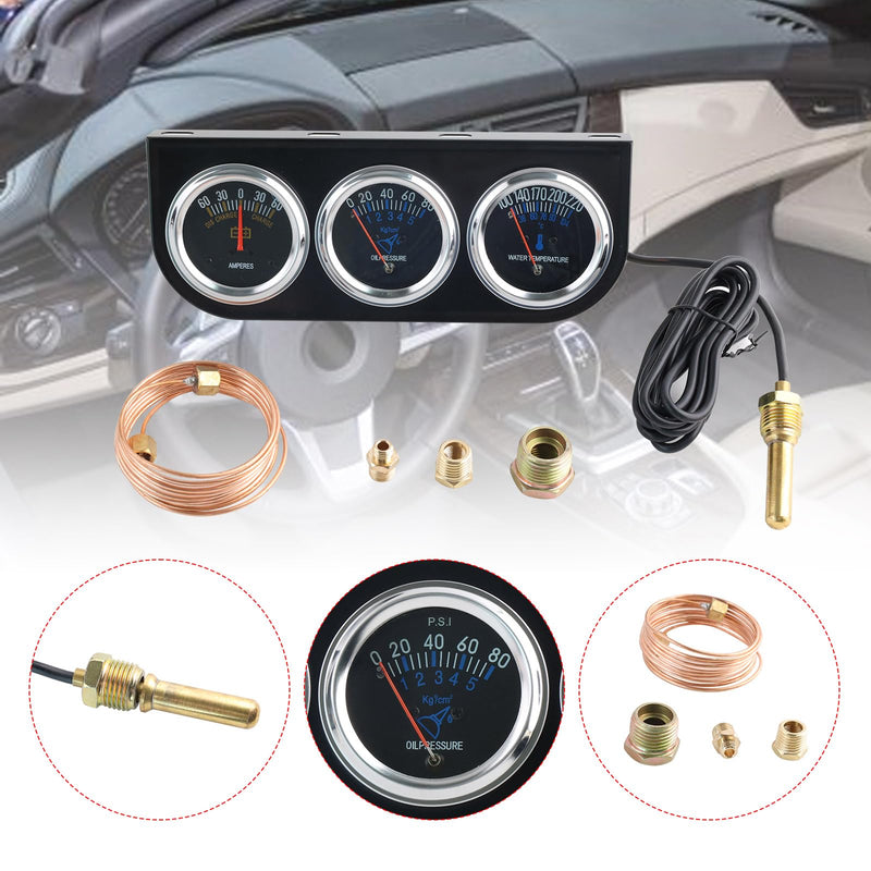 Triple Gauge Kit Oil/AMP/Water,Mechanical 2'' 52mm Chrome Triple Gauge Set Water Temp Oil Pressure AMP Meter