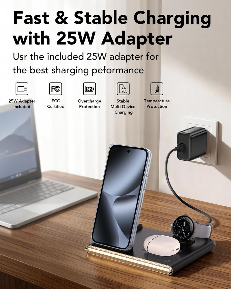 3 in 1 Foldable Wireless Fast Charging Station for Google Pixel Watch 4 | Google Charging Station for pixel 10, Travel Pixel Watch 4 Charger Stand, Light Nightstand Charging Dock (Only for Watch 4) Black