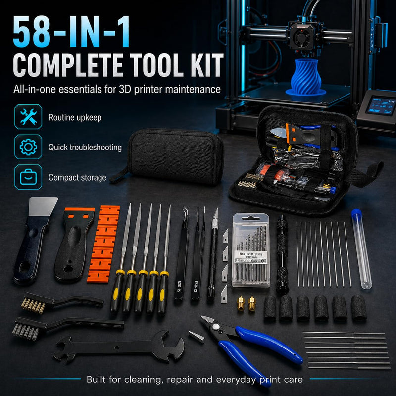 3D Printer Tool Kit Accessories - 58 Pcs Solve 99% Print Failures Clean Maint - with Scraper Brush Pliers Needles Cutter Pouch - for Unclog Nozzle Support Removal Model Finish - for All FDM Printers