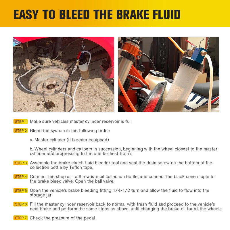 Auto Brake Fluid Extractor, Brake and Clutch Fluid Drained Bleeder Tool, Brake and Clutch Fluid Drained Bleeder Tool Equipment Kit for Car Motorcycle, Capacity 300ML+71 '' Hose 300CC Pneumatic