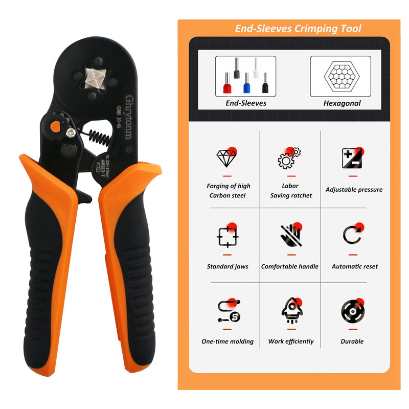 Ferrule Crimping Tool Kit, AWG 10-4 Self-adjustable Ratchet Wire Ferrule Crimper Plie, Black/Orange (Only Crimping Tool) Only Crimping Tool