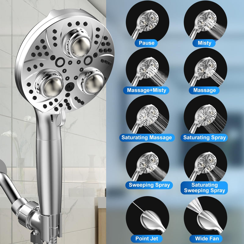 Filter Handheld Shower Head for Residual Chlorine Remove,10-Spray Modes Massage Showerhead, Large Powerful Handheld Showerhead with 79in Hose Detachable (Premium Chome) Premium Chome