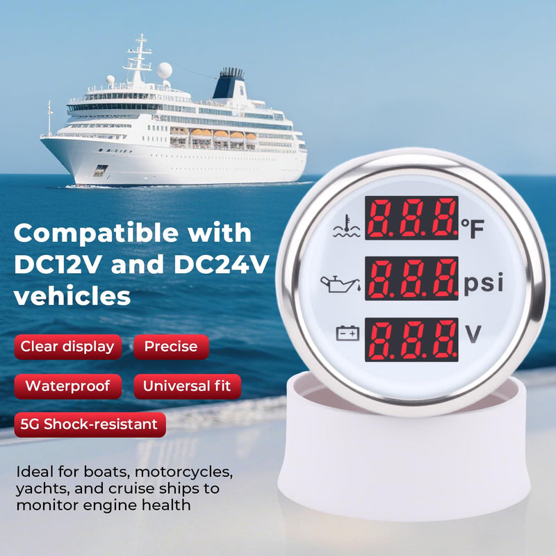 3 in 1 Gauge Kit 52mm Digital Oil Pressure Gauge, Water Temperature Gauge, Voltmeter for Car Truck Boat RV Motorcycle, Automotive Gauge Kit with Oil Pressure Sensor, Universal 12V (RED3) RED3