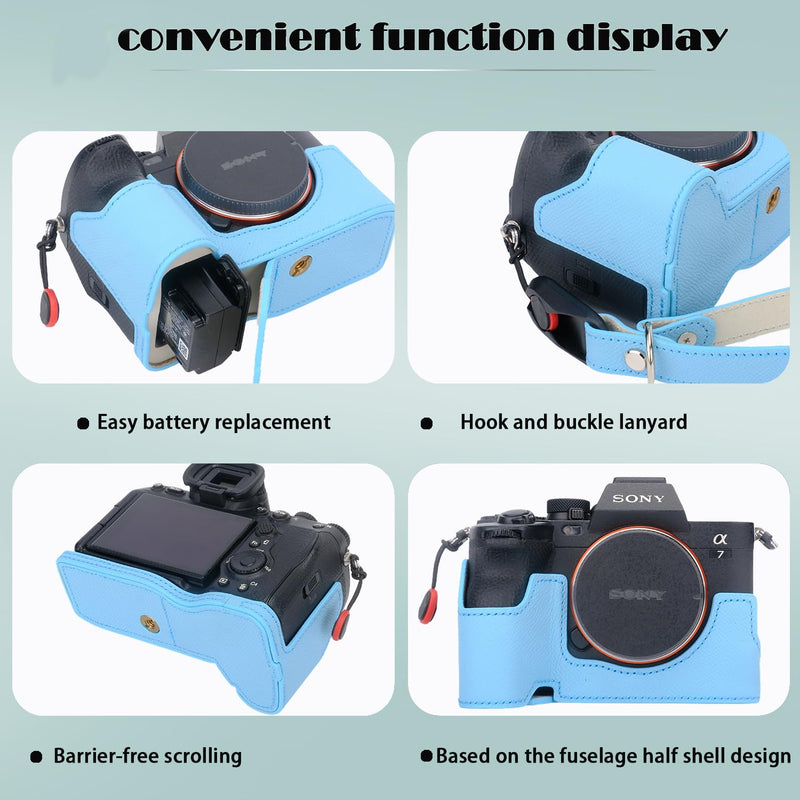 Bowan for Sony A7 Mark IV Camera Case,Handmade Genuine Real Leather Half Camera Case Bag Cover for A7IV A7M IV A7M4 A7 Mark IV A7RV A7R5 Camera Bottom Opening Version + Hand Strap (Blue) Blue