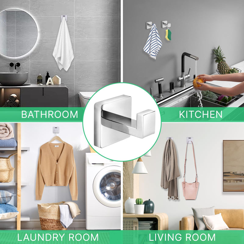 Heavy Duty Stainless Steel Towel Hooks, Wall Mounted Square Robe Hooks for Bathroom, Kitchen, Bedroom, Hotel Chrome Polished 2 Pack
